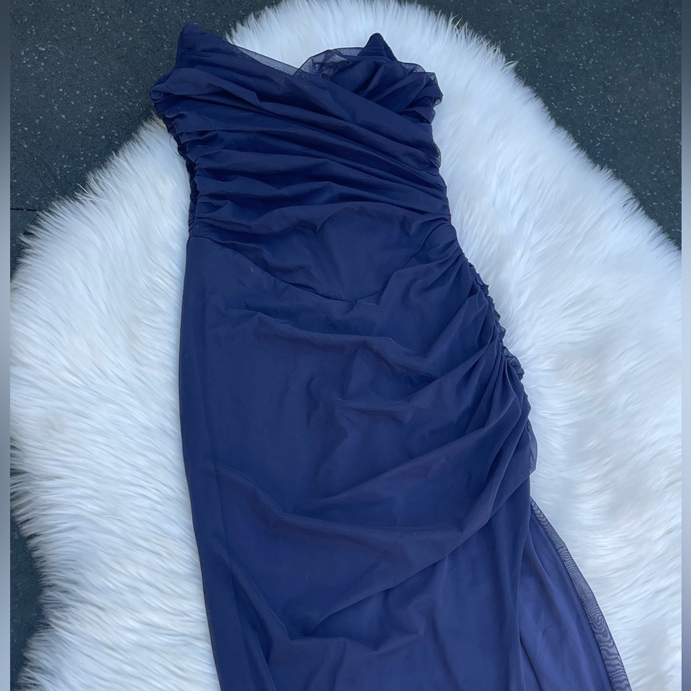 Strapless Navy Ruched Evening Dress - Picture 4 of 9